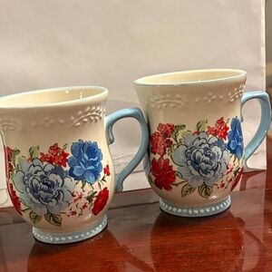 The Pioneer Woman Cream Floral Ceramic Mugs with Blue Handles - Set of 2